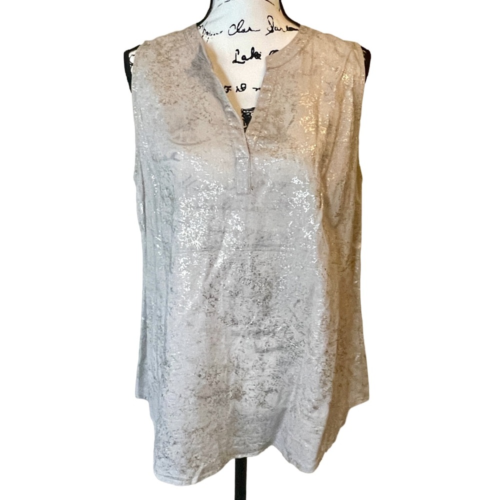 St. Tropez West Split Neck Gold Print Sleeveless Tunic – Size L